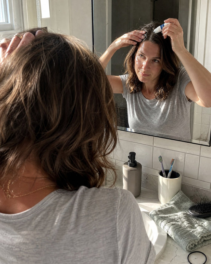 Rolling the serum along a hair part