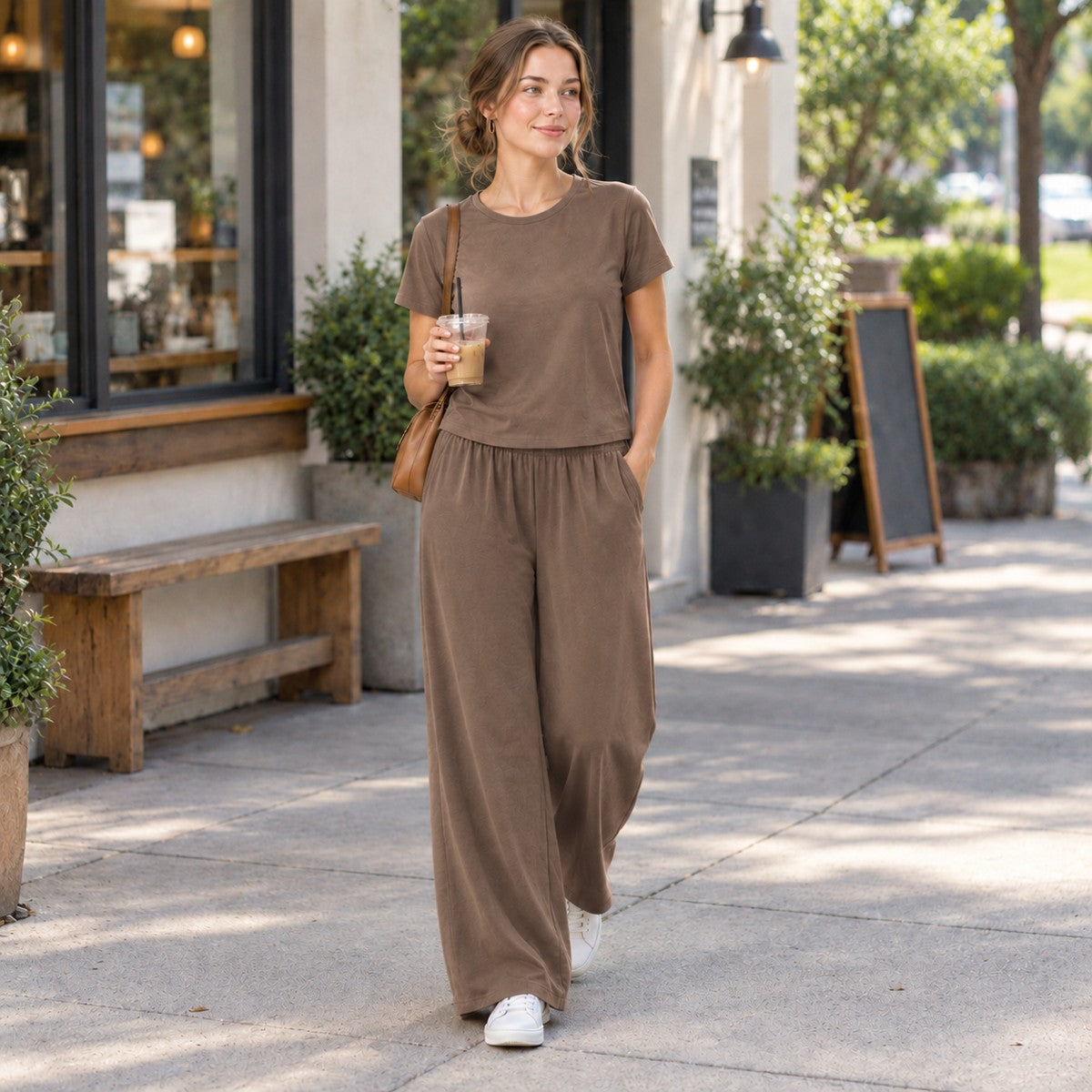 Coffee run in the Thriven Everyday Lounge Set
