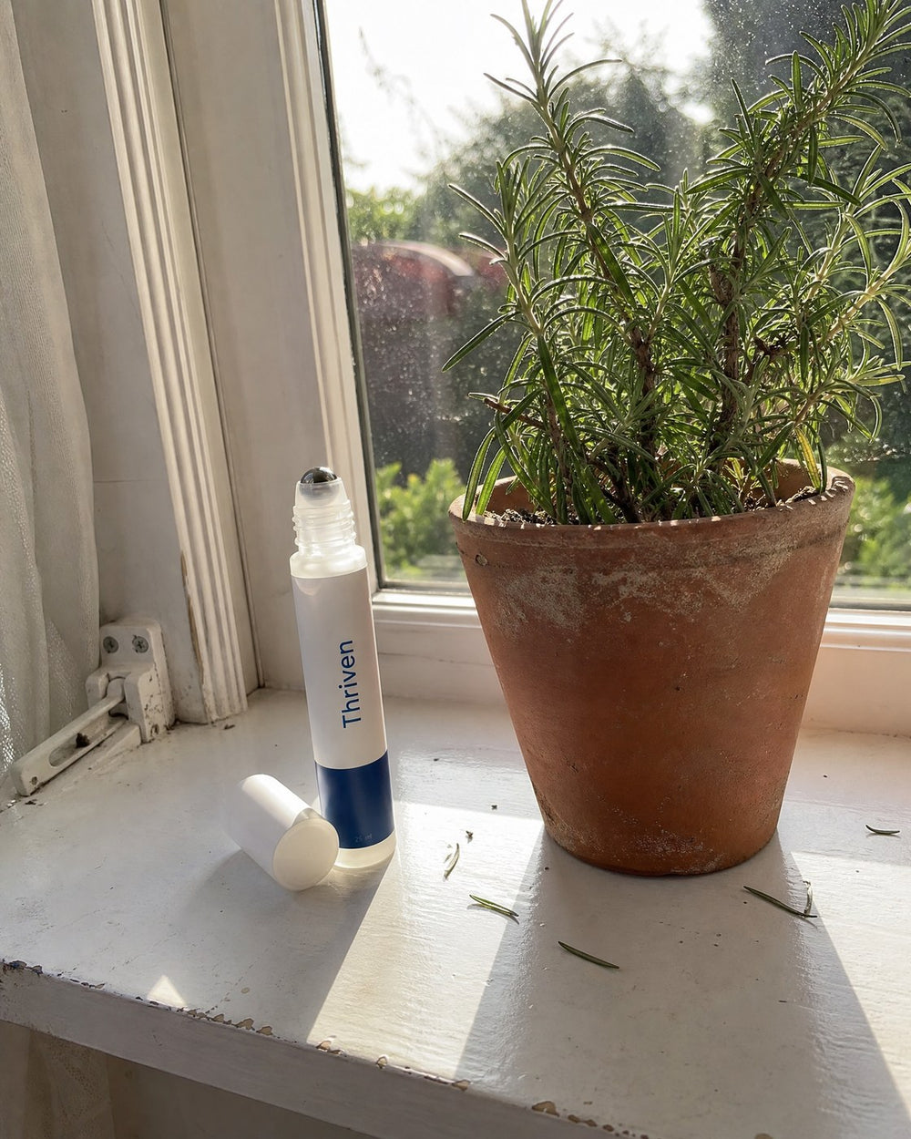 The Thriven roll-on on a sunny windowsill beside a rosemary plant