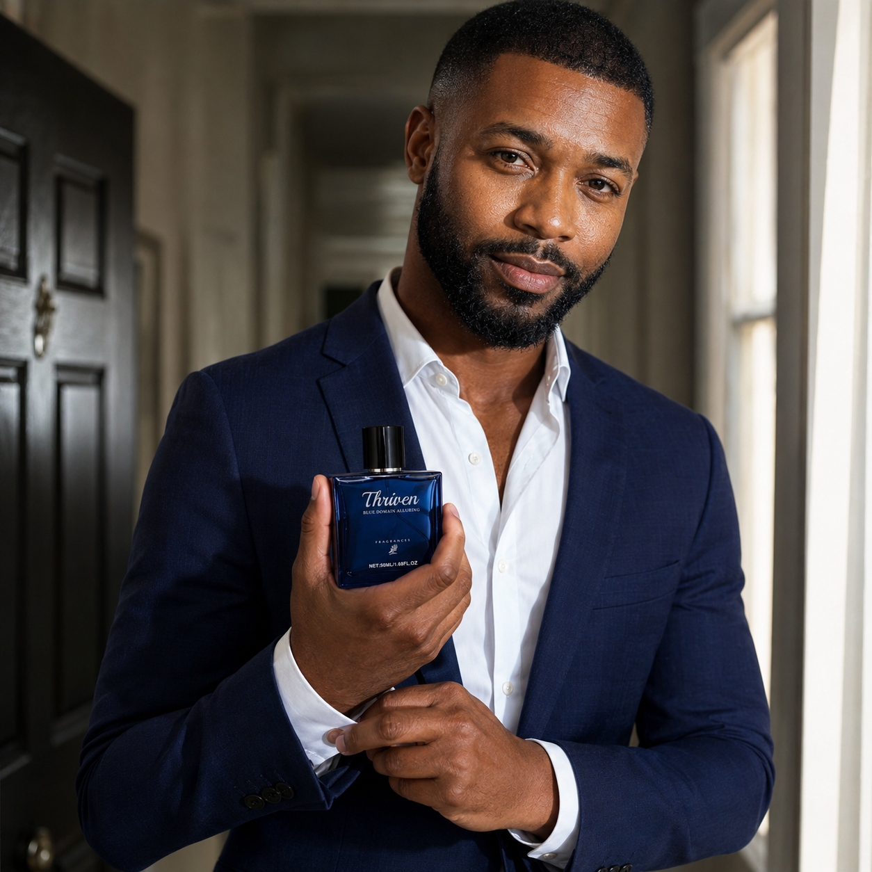 Man in a suit holding Thriven Blue Domain
